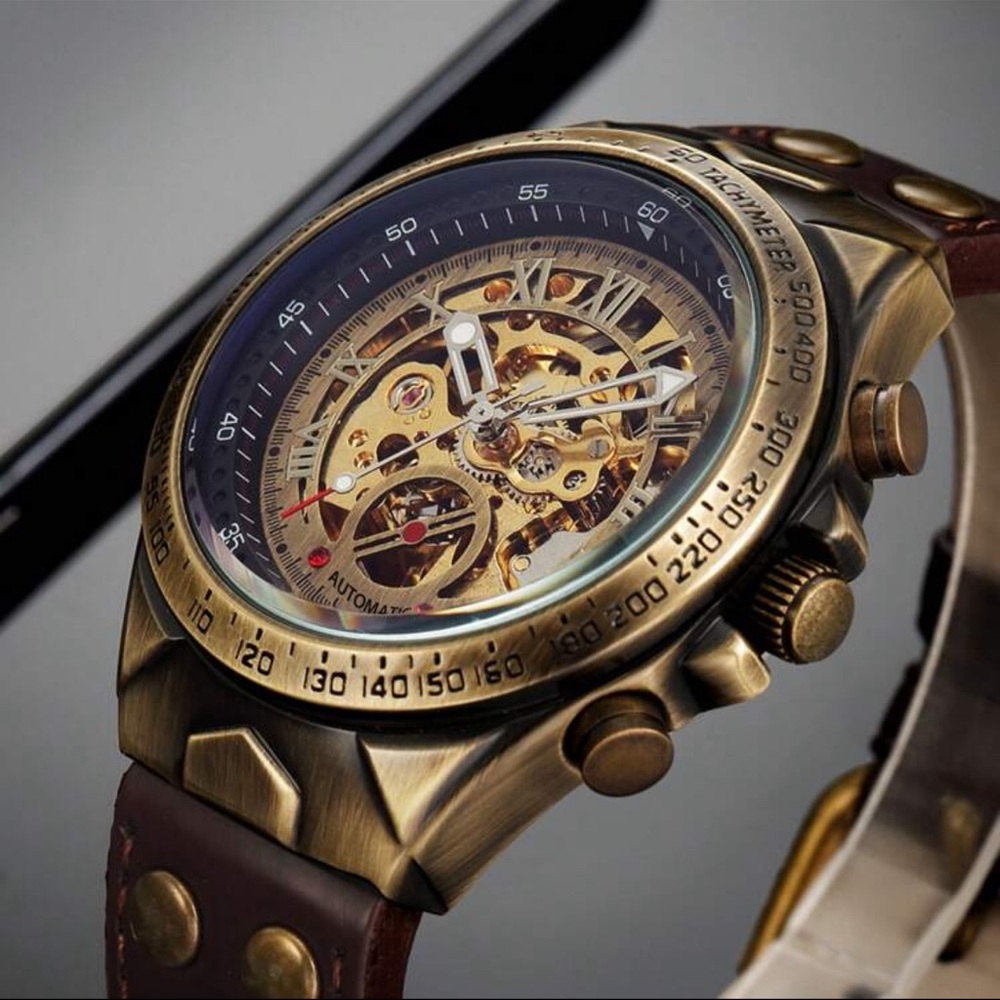 1pc 50M Waterproof Vintage Copper Mechanical Watch Brown with Leather Strap